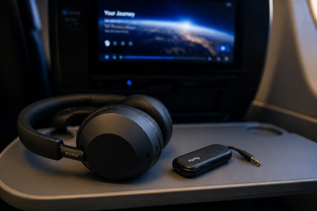 Sony WH-1000XM5 headphones and AirFly Pro on an airplane tray table representing the best travel gadgets for long-haul flights.