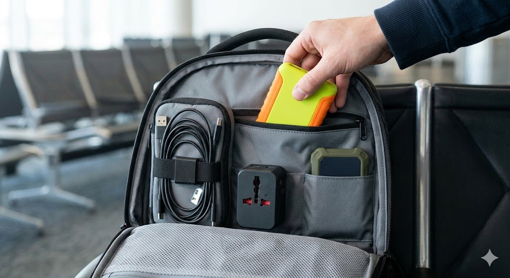 Essential travel gadgets and cables organized in a backpack for easy airport security access.