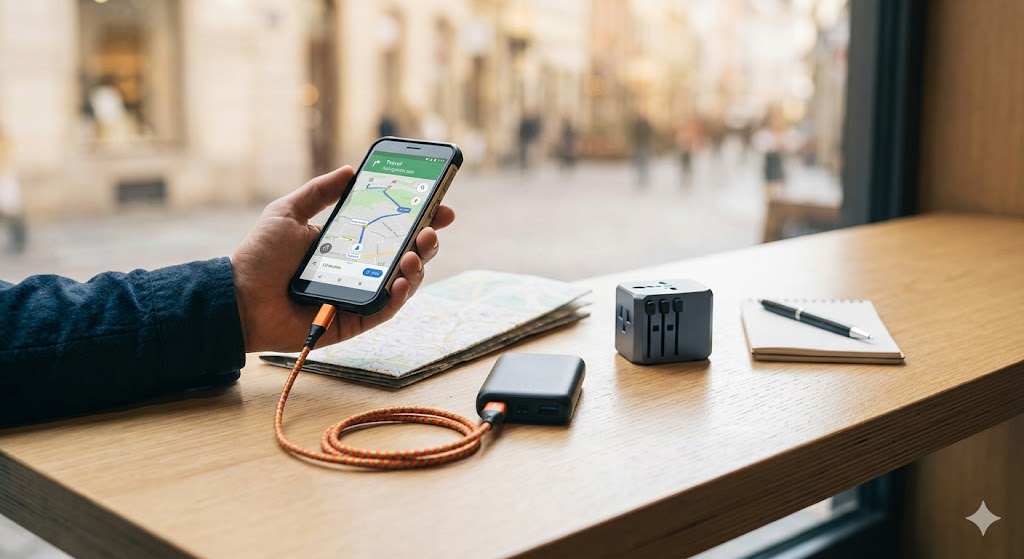 Practical travel gadgets tips showing a smartphone charging from a portable power bank in a cafe.