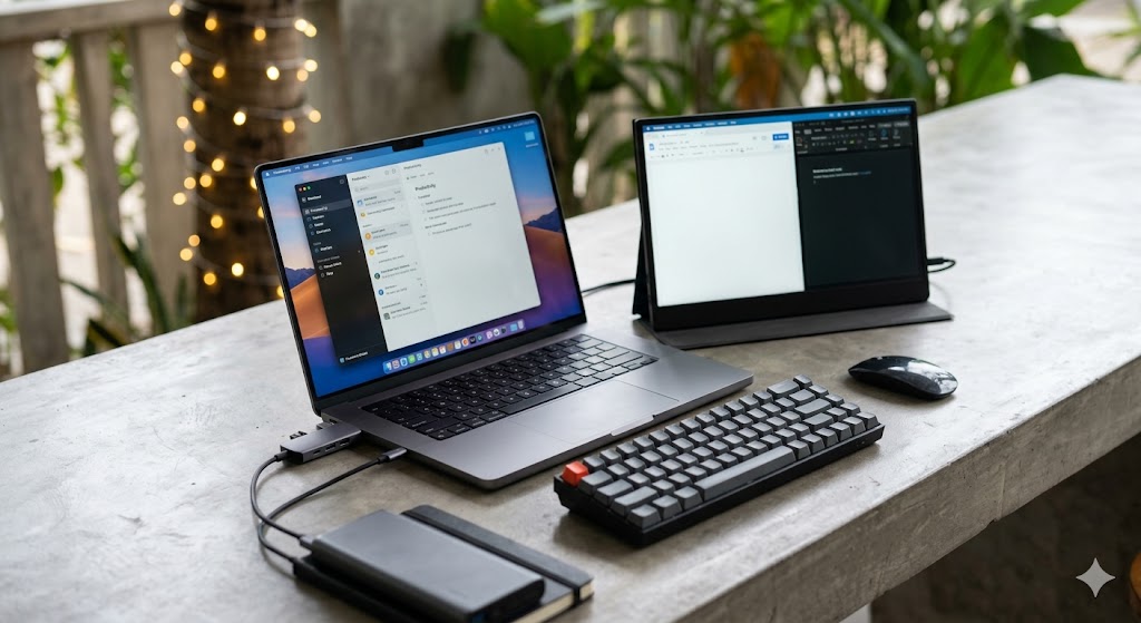 Digital nomad gear setup with laptop and portable monitor for remote work while traveling.