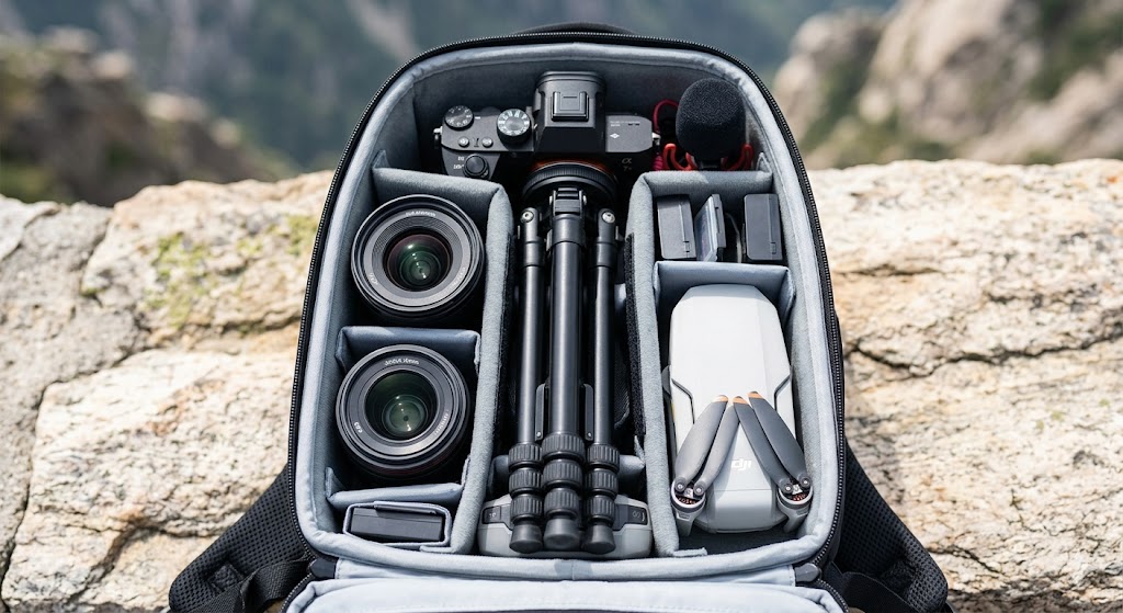 Photography and video travel gadgets including a mirrorless camera and drone in a padded gear organizer.