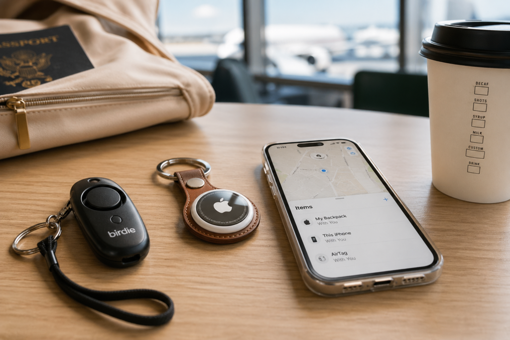 Must-have travel gadgets for solo female travelers including AirTag and safety alarm