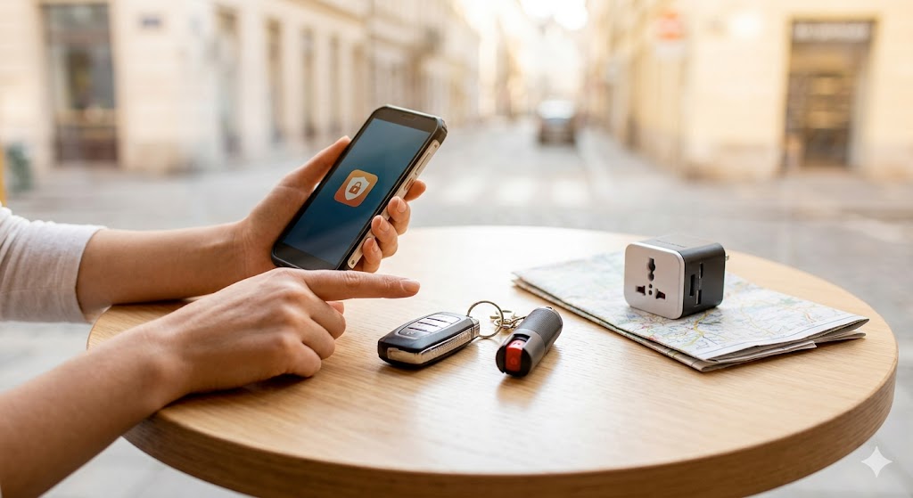 A top-down view of a solo female traveler's hand pointing to a smart safety alarm and compact pepper spray bottle on a cafe table, illustrating must-have travel gadgets for safety.