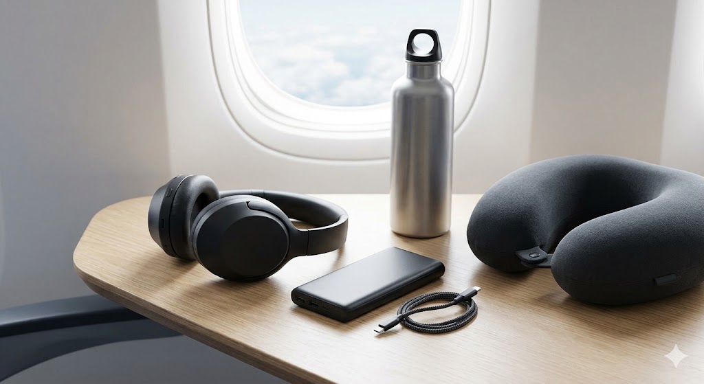 A flat-lay photograph on an airplane tray table against a cloud view background showing essential travel gadgets like noise-canceling headphones, a power bank with cable, and a neck pillow.