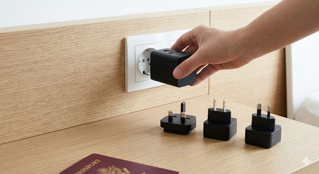 A hand plugs a matte black universal travel adapter cube into a European wall socket, with other regional adapters and a passport nearby on a minimalist wooden hotel desk.
