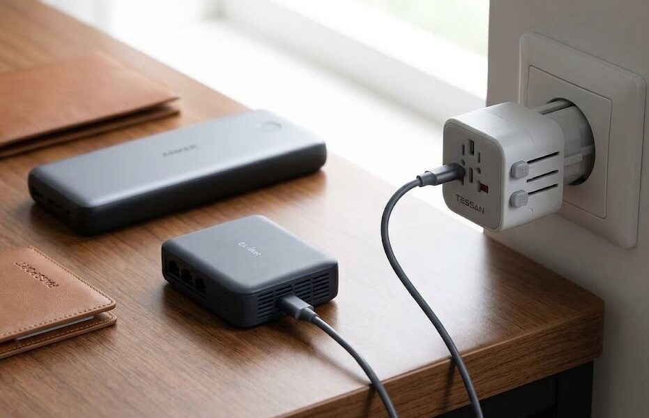 A TESSAN universal travel adapter plugged into a European wall socket charging multiple USB-C devices.