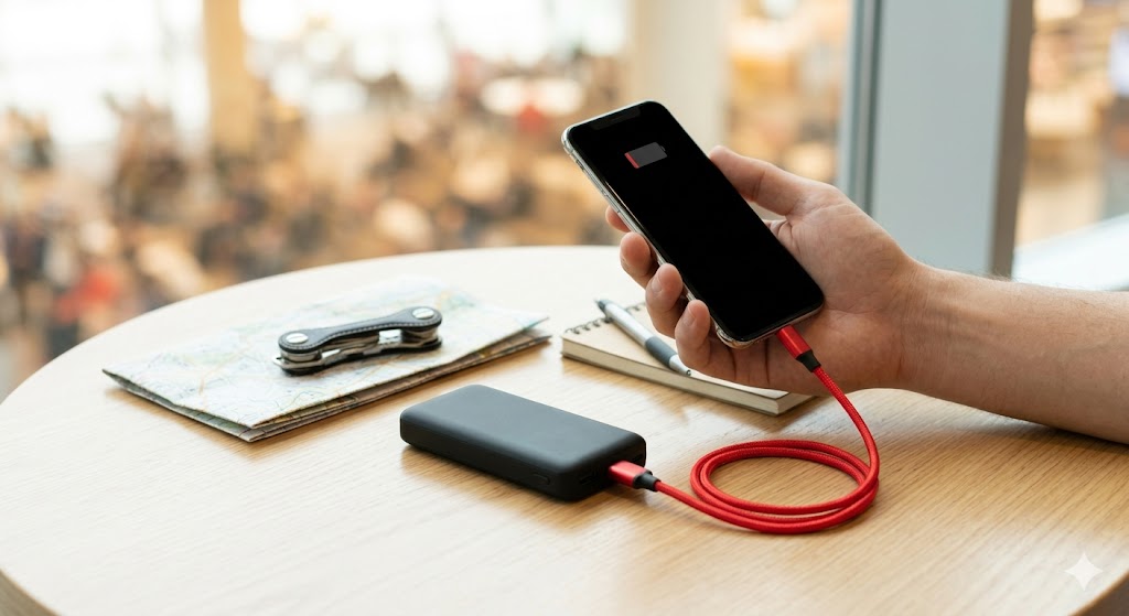 A traveler's hand holds a smartphone with a low battery icon connected to a compact power bank by a braided cable, nestled next to a map on a wooden cafe table.