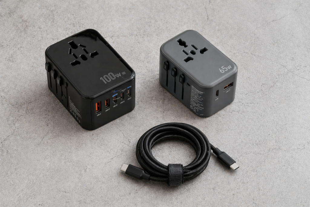 A photorealistic, highly focused knolling flat lay photograph of two high-performance universal travel adapters. Features a sleek black 100W GaN universal travel adapter and a matte grey 65W universal adapter alongside a neatly coiled braided USB-C cable. Set on a clean, textured concrete surface with soft natural lighting. No unrelated electronics or workflow gear present.