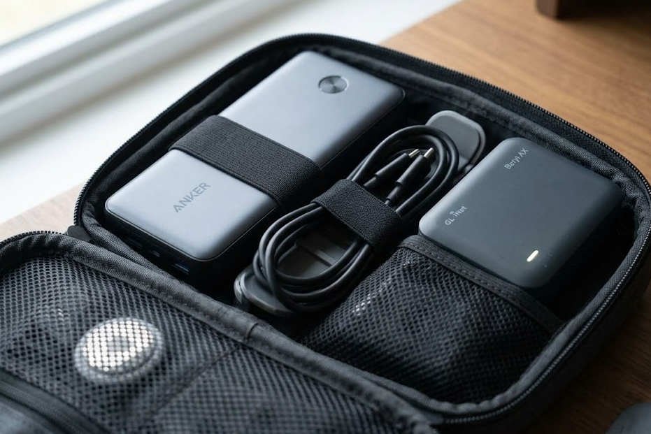 An Anker Prime power bank and GaN charger organized neatly in a grey tech pouch.