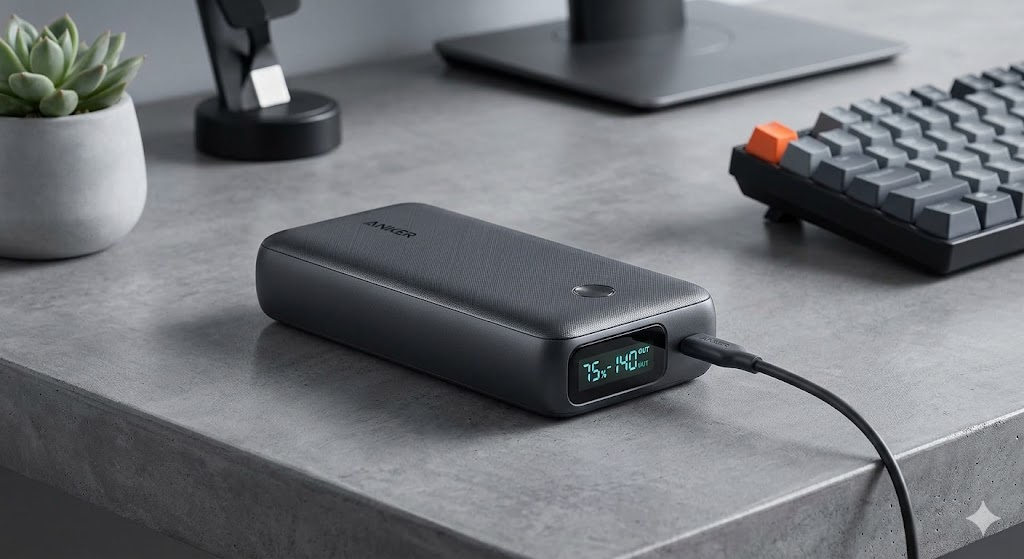 A sleek Anker 737 Power Bank displaying its digital screen, resting on a clean, modern desk setup, illustrating a premium power solution for the best tech travel kit 2026