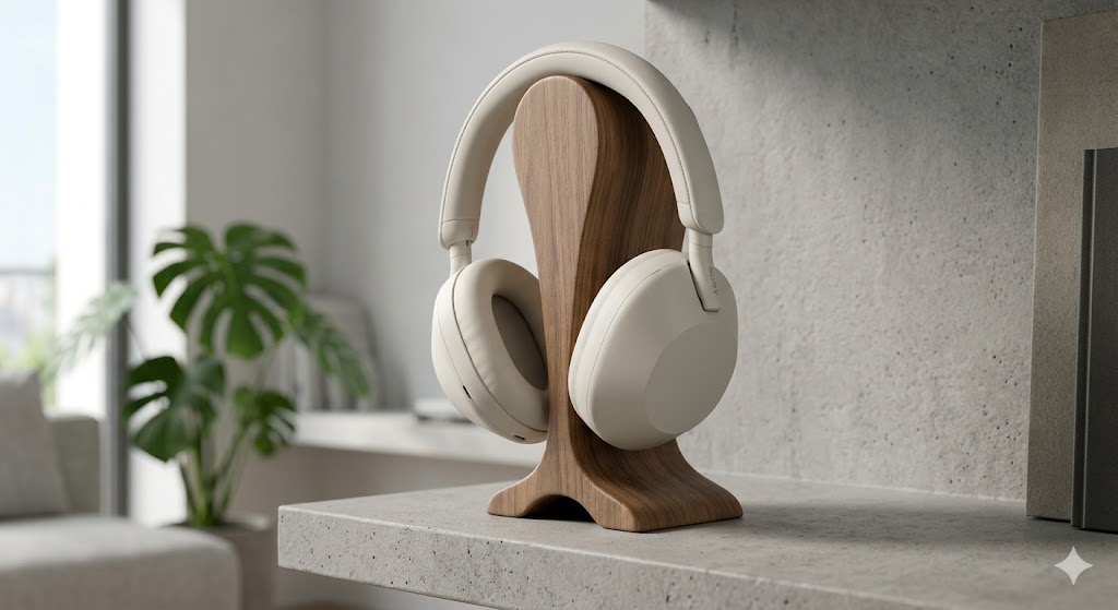 Premium Sony WH-1000XM5 wireless noise-canceling headphones resting elegantly on a wooden headphone stand in a bright, modern room.
