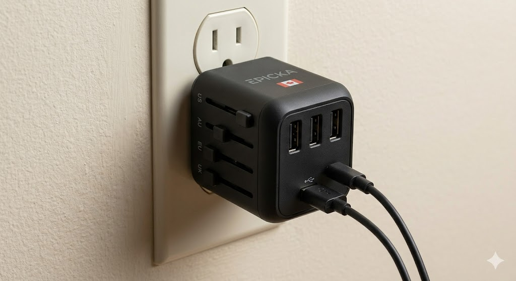 An EPICKA universal travel adapter plugged into a wall outlet, featuring multiple USB ports with cables connected, demonstrating global connectivity for digital nomads.