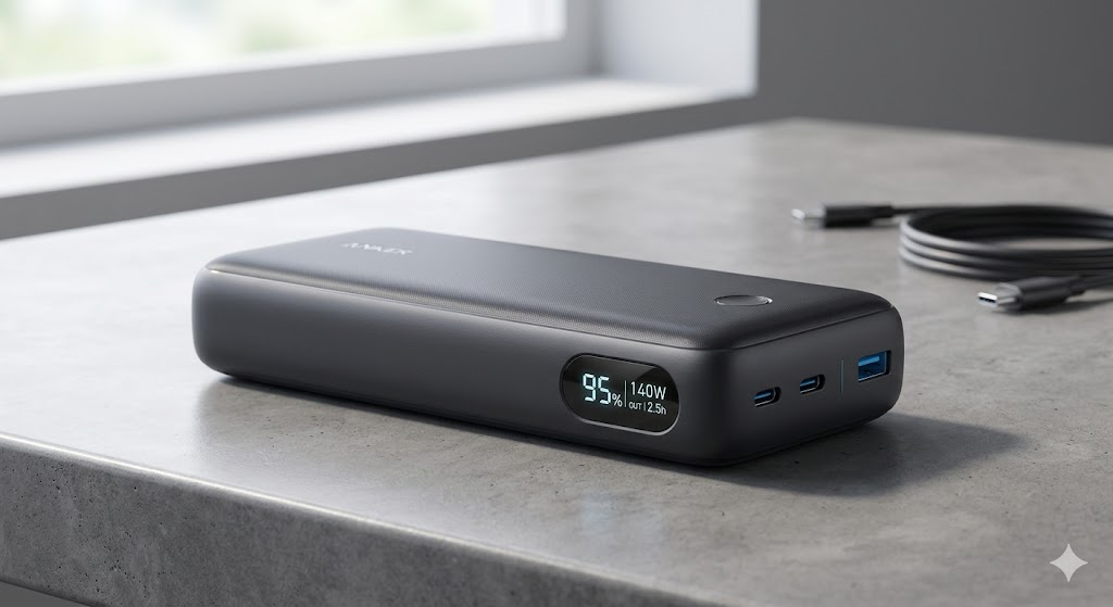 A high-resolution close-up of the Anker 737 Power Bank (PowerCore 24K) with its smart digital display showing power output data, resting on a polished concrete coworking desk, emphasizing its high capacity and 140W charging capability.