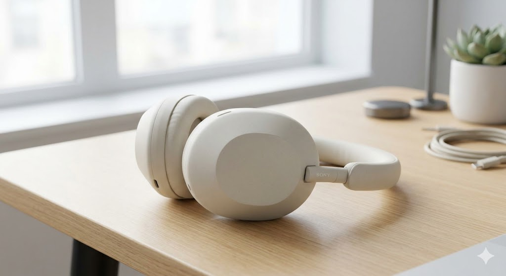 A photorealistic close-up of a pair of matte off-white Sony WH-1000XM5 headphones resting on a clean, light wood desk surface in a brightly lit apartment, highlighting their premium design and build quality.