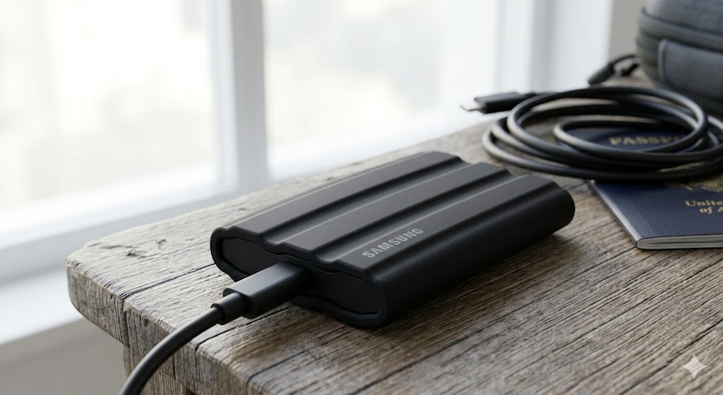 A high-resolution close-up photograph of a matte black Samsung T7 Shield 2TB Portable SSD with its distinctive rugged, rubberized texture, resting on a weathered wooden surface next to some coiled travel cables, emphasizing its durable design.