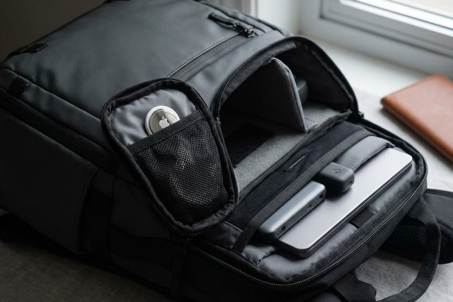 A Wandrd PRVKE backpack with an Apple AirTag hidden in a secret compartment.