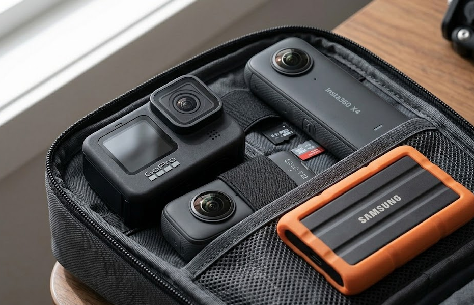 GoPro Hero 13 Black action camera and Insta360 X4 360-degree camera organized with micro-SD cards in a grey tech pouch.
