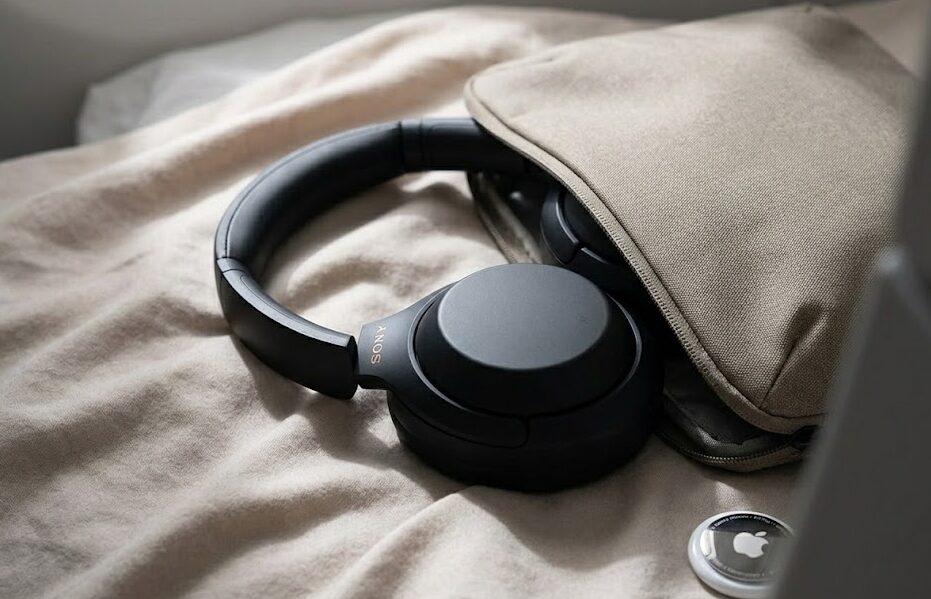 Close-up of Sony WH-1000XM6 noise-cancelling headphones resting next to a travel tech pouch on a soft plane seat.