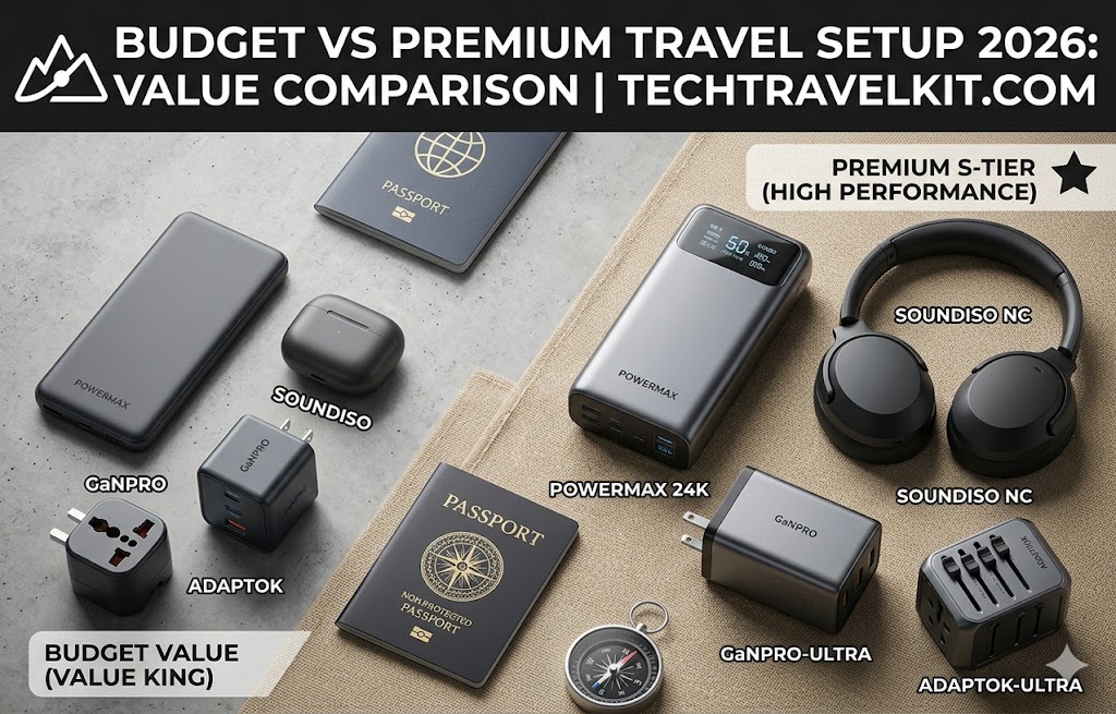 A side-by-side comparison flat lay of generic budget and premium travel tech gear on a multi-textured polished concrete and woven canvas surface, including power banks, noise-canceling headphones, and universal adapters, representing the ideal travel tech kit for digital nomads in 2026.