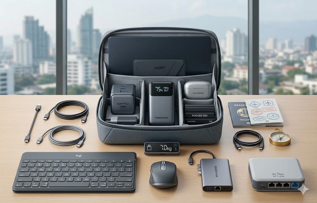 A curated knolling flat lay of a photorealistic 7kg minimalist travel tech kit in 2026, featuring an open slate-gray pouch with organized generic items like an ultra-slim laptop, multi-port GaN charger, powerful power bank with a digital display showing data, true wireless earbuds, and a rugged SSD, alongside a portable keyboard, compact mouse, USB-C hub, and travel router, on a light wood desk with a soft-focus cityscape view.