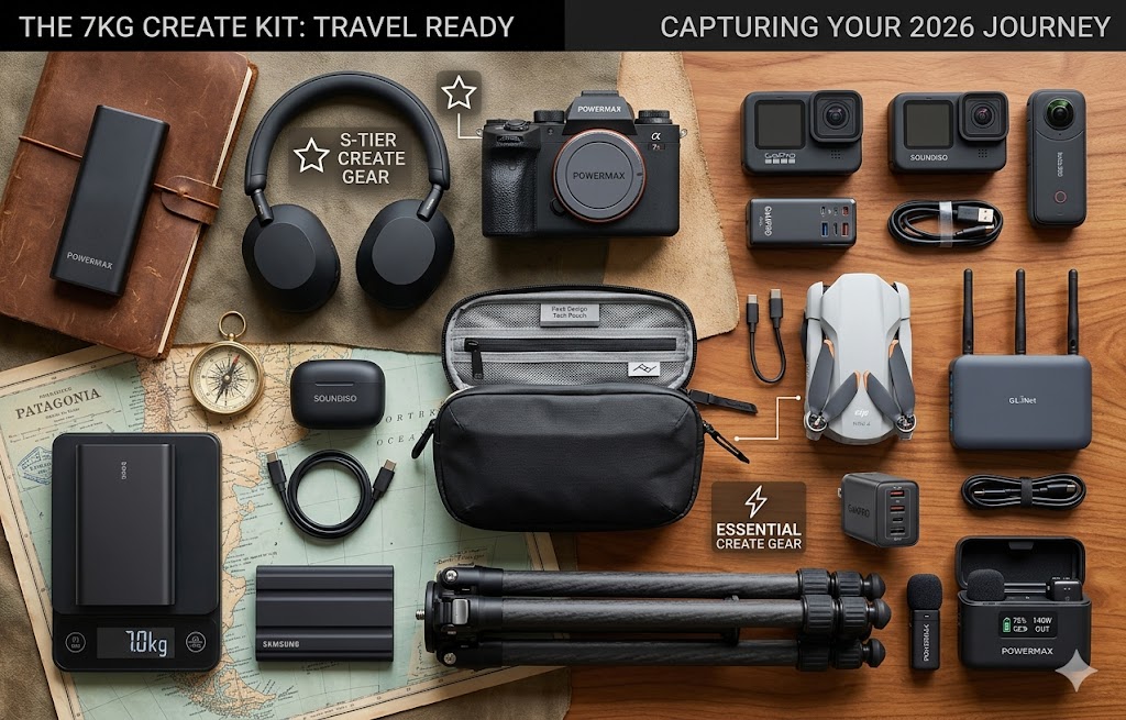 A photorealistic, highly detailed knolling photograph of a curated travel photography and video kit in 2026, featuring an open olive green tech pouch with softer, authentic fabric contours and bulges, meticulously organized generic items like an ultra-slim full-frame camera, 100W GaN charger, rugged SSD, wireless microphone, action cameras, a carbon fiber tripod, and a 7.0kg digital scale, on a textured global travel surface with a soft-focus cityscape view. Features generic text labels and icons for S-TIER CREATE GEAR and ESSENTIAL CREATE GEAR.