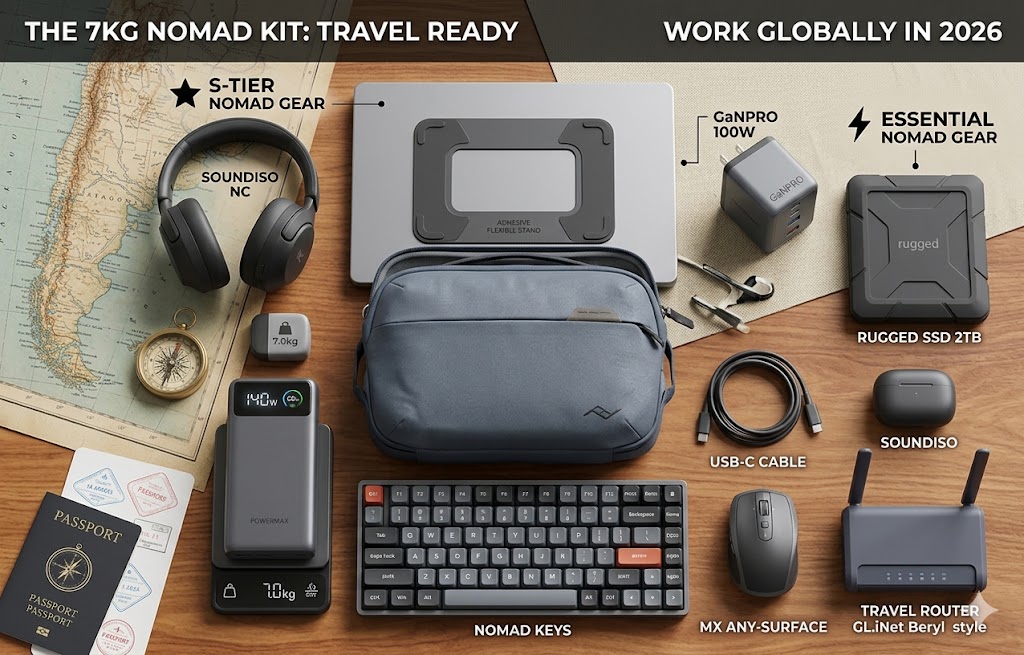 A photorealistic, highly detailed knolling photograph of a curated digital nomad gear kit in 2026, featuring an open olive green tech pouch with softer, authentic fabric contours and bulges, meticulously organized generic items like an ultra-slim laptop, 100W GaN charger, rugged SSD, productivity mouse, travel router, full-size mechanical keyboard, and a 7.0kg digital scale, on a textured global travel surface with a soft-focus cityscape view. Features generic text labels and icons for S-TIER NOMAD GEAR and ESSENTIAL NOMAD GEAR.
