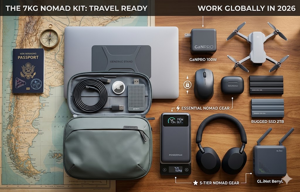 A photorealistic, highly detailed knolling photograph of a curated high-performance smarter travel tech kit in 2026, featuring an open olive green tech pouch with organized generic items like a multi-port GaN charger, cubic travel router with generic antennas, generic power bank with a realistic digital status display showing generic active VPN and power data, hidden generic AirTag, generic USB data blocker, rugged action camera representations, a generic passport with generic travel stamps, a generic sub-249g travel drone with generic antennas, and coiled generic USB-C cables, on a textured global travel surface with soft natural window light. Features generic text labels and icons for S-TIER NOMAD GEAR and ESSENTIAL NOMAD GEAR. The image contains no specific, trademarked real brand text, ensuring it is original content. Integrated text at the top (split left and right): "THE 7KG NOMAD KIT: TRAVEL READY" (left) and "WORK GLOBALLY IN 2026" (right). Soft natural window light highlights the realistic textures. All brand names are generic and text-free, but their function is clear.