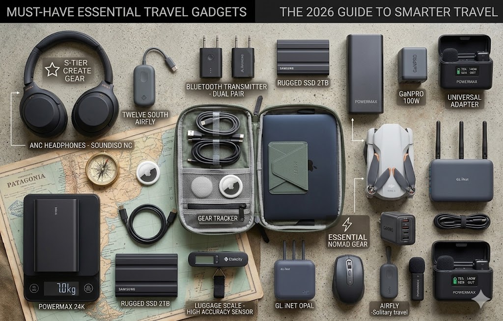 A photorealistic, curated knolling photograph of a 2026 smarter travel tech kit on a multi-layered aggregate surface with aged maps and passports. Features generic high-performance travel tech like a dark gray 140W power bank with generic illuminated display data (branded POWERMAX), matte black over-ear ANC headphones (SOUNDISO NC), open Sage green tech pouch, sub-249g travel drone with antennas (branded soundiso skies mini 4), a carbon fiber travel tripod, a rugged action camera representation, and other smarter travel essentials (adapters, tracker tags, data blocker, mic, mouse, router, compact SSD, etc.). Labels and icons for S-TIER NOMAD GEAR and ESSENTIAL NOMAD GEAR point to key product categories. A digital scale clearly shows '7.0kg' generic weight data. Integrated text at top left 'MUST-HAVE ESSENTIAL TRAVEL GADGETS' and top right 'THE 2026 GUIDE TO SMARTER TRAVEL' on a sleek, integrated banner with techtravelkit.com branding