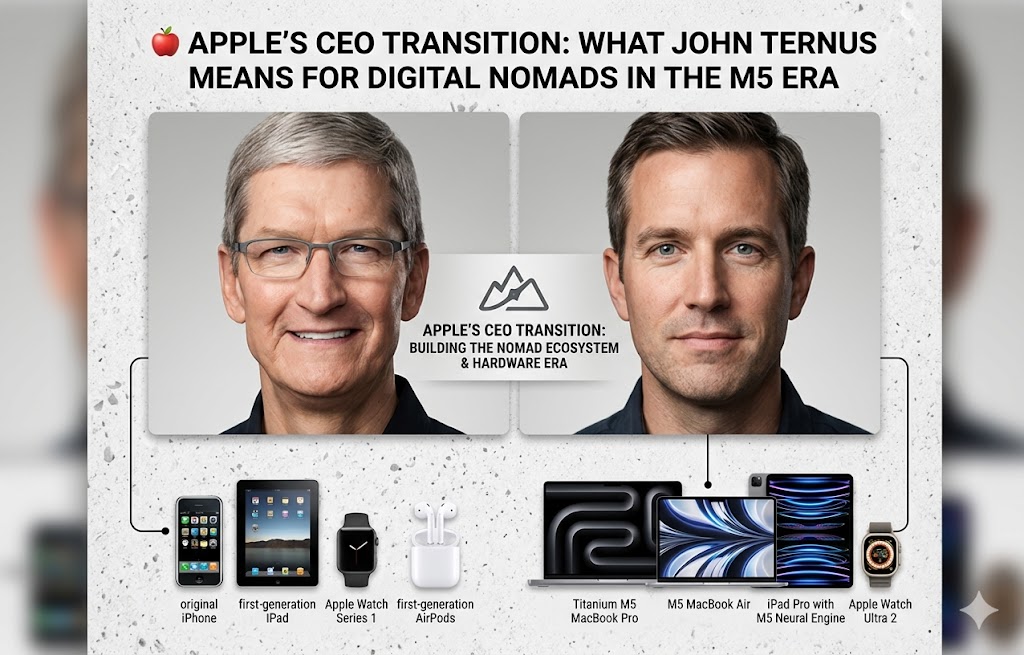 A graphic split into two sections showing Apple CEOs. On the left is Tim Cook above the original iPhone, first-generation iPad, Apple Watch Series 1, and first-generation AirPods. On the right is John Ternus above a Titanium M5 MacBook Pro, M5 MacBook Air, iPad Pro with M5 Neural Engine, and Apple Watch Ultra 2. The text 'APPLE'S CEO TRANSITION: WHAT JOHN TERNUS MEANS FOR DIGITAL NOMADS IN THE M5 ERA' is displayed at the top.