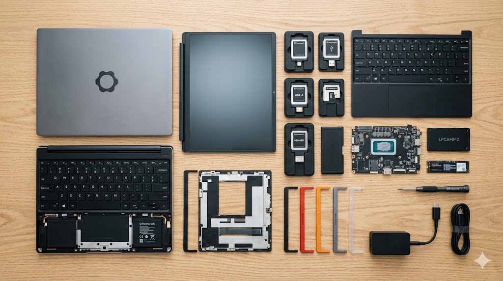 A highly detailed, top-down photorealistic flat lay of a sleek, disassembled silver modular laptop chassis next to an M.2 NVMe SSD, a small 100W GaN charger, and a precision screwdriver. The components are neatly arranged on a clean, dark wood travel desk with soft window lighting, highlighting the repairable nature of the tech. No trademarked logos are visible.