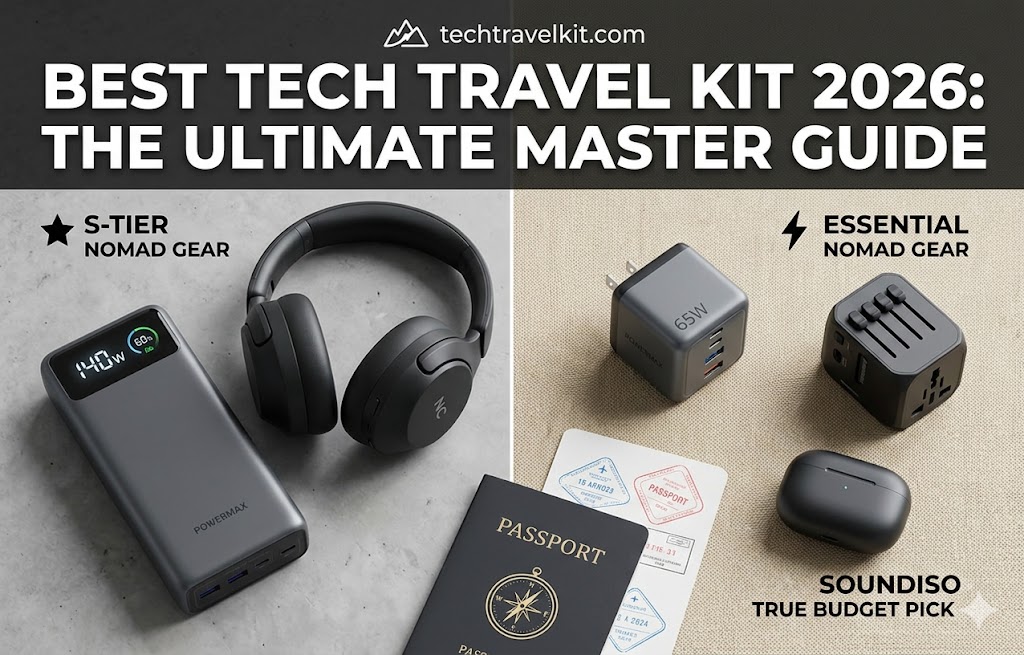 A split-screen comparison of premium S-Tier travel tech gear like a 140W power bank and noise-canceling headphones alongside essential budget picks, representing the best tech travel kit 2026.