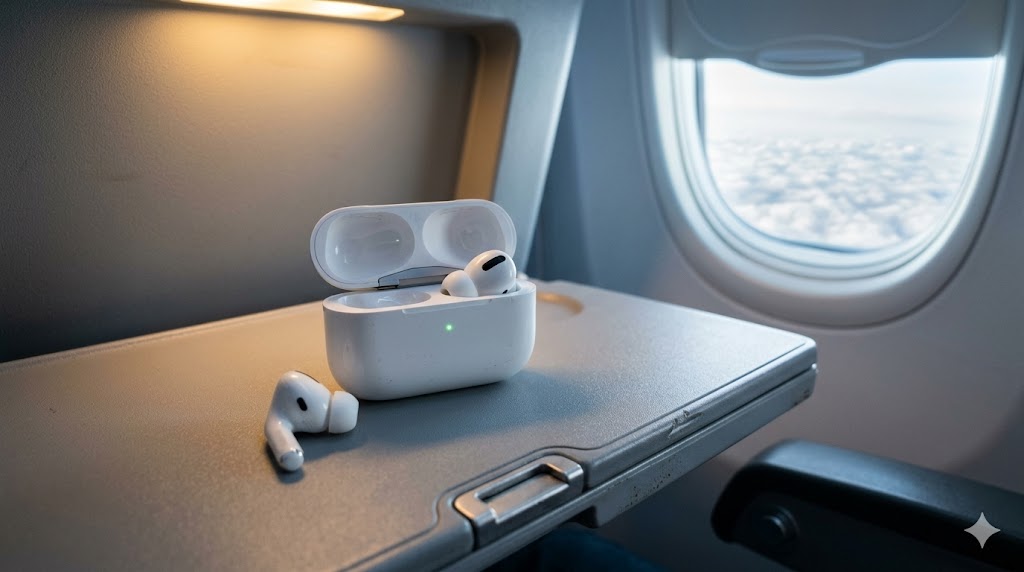 AirPods Pro 3 vs AirPods Pro 2 travel upgrade 2026 — AirPods Pro 3 case open on airline tray table with clouds through oval window