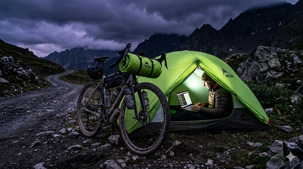 A highly dramatic, low-angle shot of a rugged gravel bike parked on a dark, stormy mountain pass at twilight. Mounted between the drop handlebars is a sleek, neon-green MSR bikepacking tent roll. Inside the partially open tent, a glowing laptop screen illuminates the dark, showing a digital nomad working off-grid. High contrast, cinematic lighting, moody clouds, glowing neon accents, hyper-realistic, 8k resolution, shot on 35mm lens.