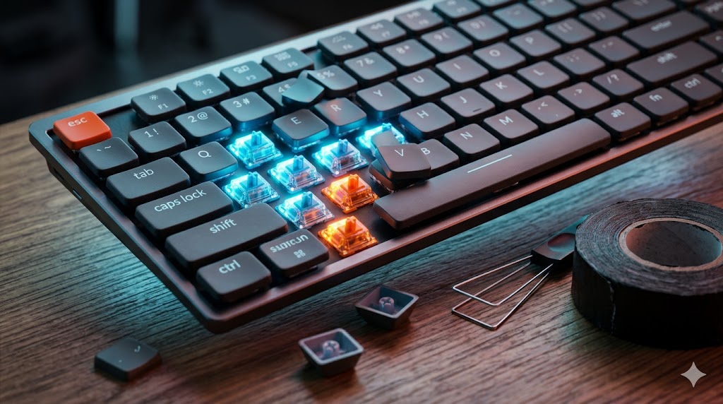 A macro, highly detailed shot of a Keychron ultra-slim mechanical keyboard levitating slightly above a wooden desk. Several keycaps are removed, exposing glowing, futuristic neon-blue and orange hot-swappable switches underneath. A metal switch-puller tool rests next to a roll of black industrial repair tape. Cyberpunk lighting, shallow depth of field, tech-reviewer aesthetic, insanely detailed, 8k resolution, photorealistic.