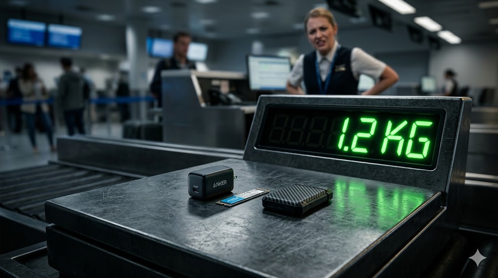 A close-up of a heavy-duty, industrial airport baggage scale. Resting on the massive metal plate is just a tiny, sleek Anker GaN charger, a microscopic Crucial SSD, and a carbon-fiber Nitecore power bank. The digital scale display is glowing bright neon green reading "1.2 KG". In the heavily blurred background, a frustrated airline gate agent is looking on. High contrast, dramatic lighting, travel hack aesthetic, hyper-realistic