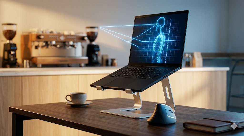 A dramatic split-lighting shot. A sleek laptop is elevated impossibly high on a minimalist Roost stand, floating exactly at eye level. On the desk below sits a strange, futuristic vertical ergonomic mouse. Glowing blue holographic lines trace from the laptop screen to an invisible user's eye level, symbolizing perfect posture and spine health. Clean modern café background, cinematic rim lighting, high-end tech commercial style, 8k resolution.