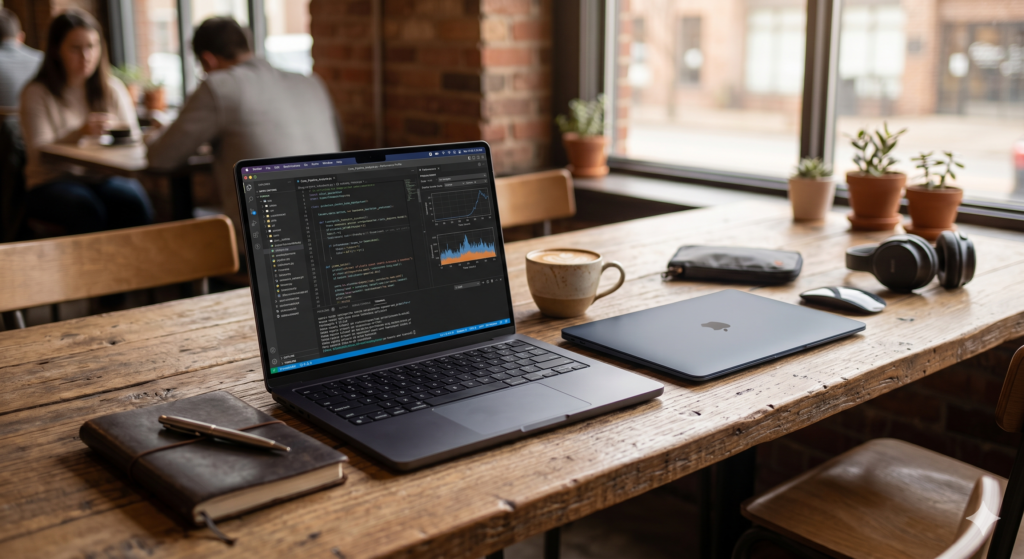 MacBook Air M5 vs MacBook Pro M5 for digital nomads — both laptops on café table showing size comparison