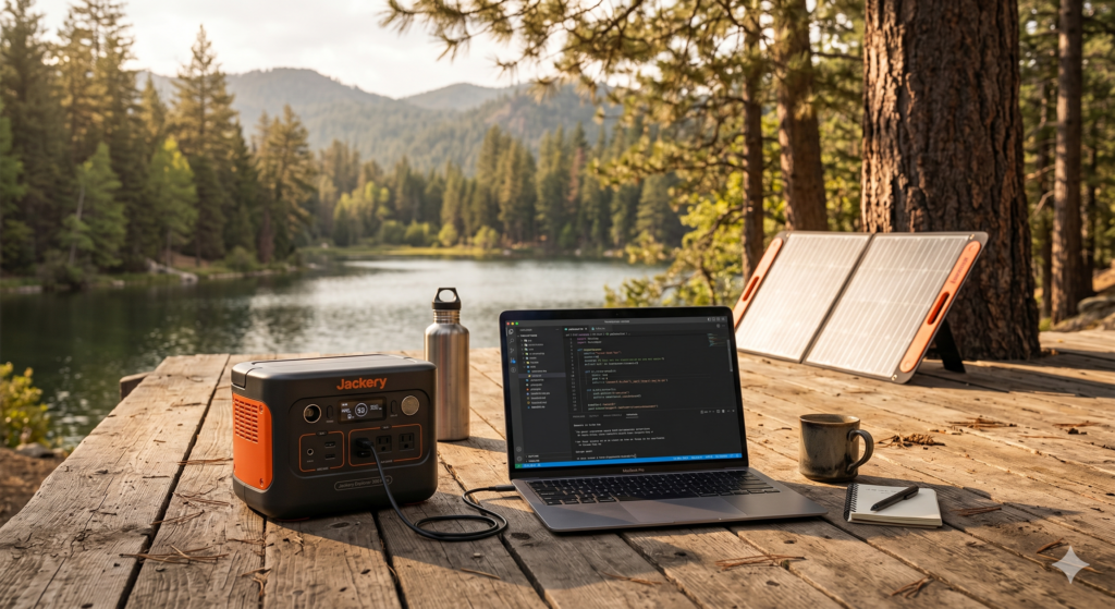 Best portable power station for remote work — Jackery Explorer 300 Plus powering MacBook off the grid outdoors