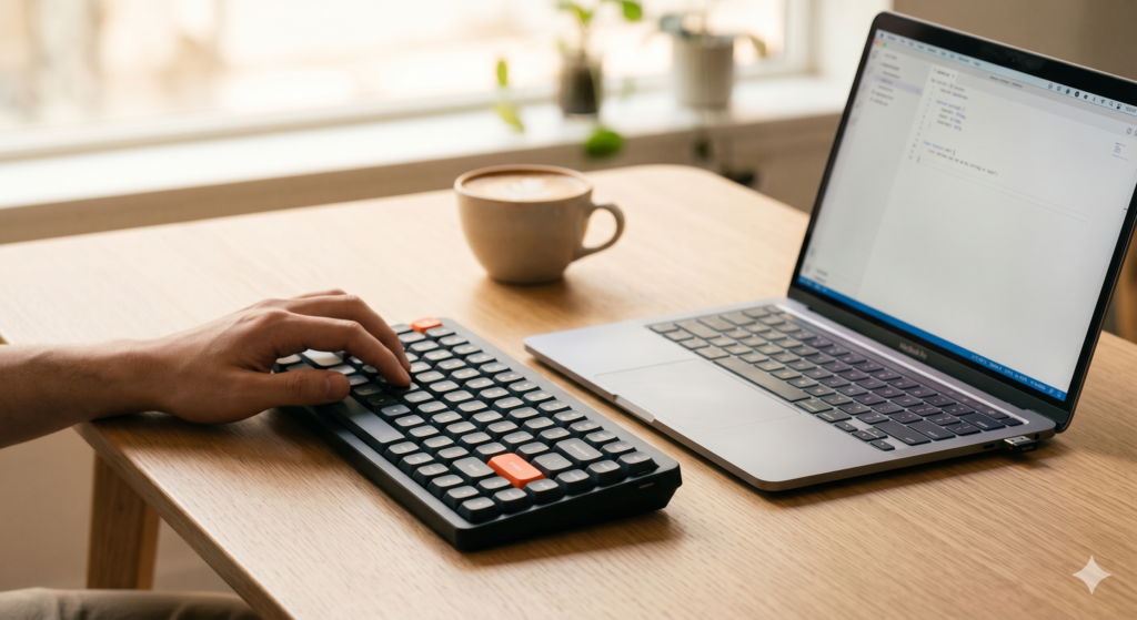Best mechanical keyboard for digital nomads — NuPhy Air75 compact wireless keyboard beside MacBook on clean desk