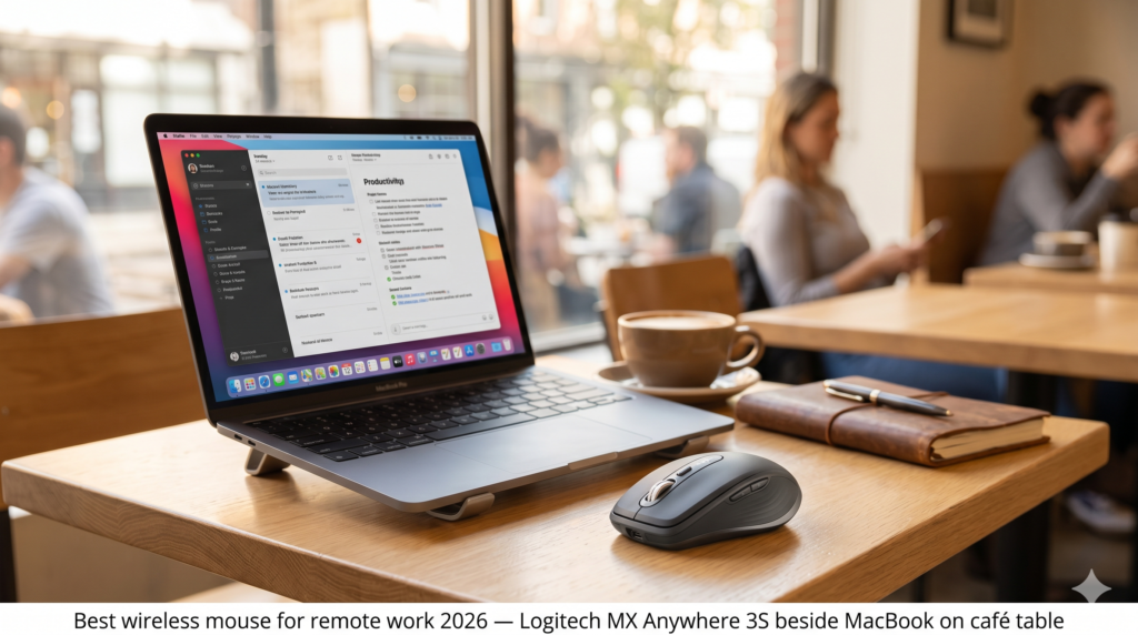 Best wireless mouse for remote work 2026 — Logitech MX Anywhere 3S beside MacBook on café table