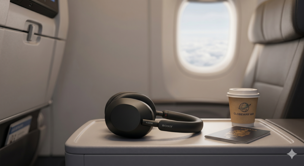 Sony WH-1000XM5 resting on a tray table, representing the best noise cancelling headphones for long-haul flights.