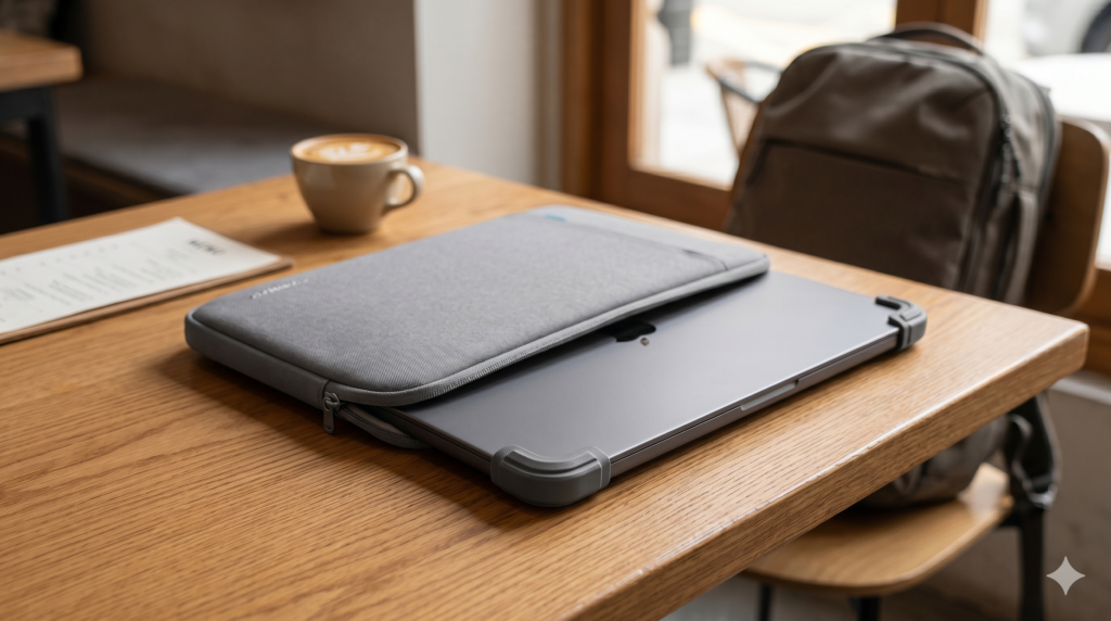 Best laptop sleeve for MacBook 2026 — tomtoc 360 Protective Sleeve on café table showing corner armour detail