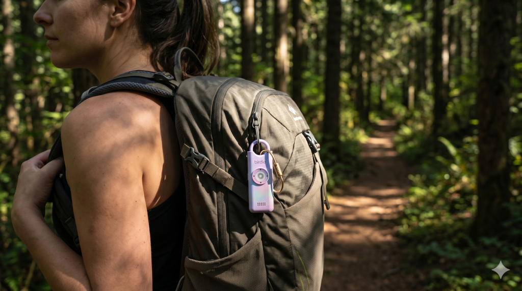 Best personal safety alarm for solo hikers 2026 — She's Birdie alarm clipped to hiking daypack on forest trail