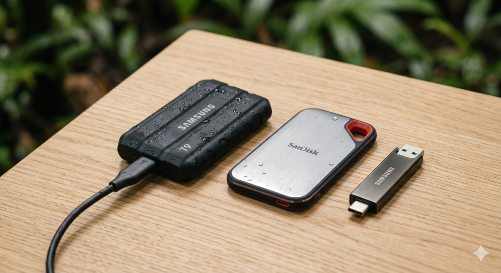 Travel data backup strategy with SSD and encrypted USB drive