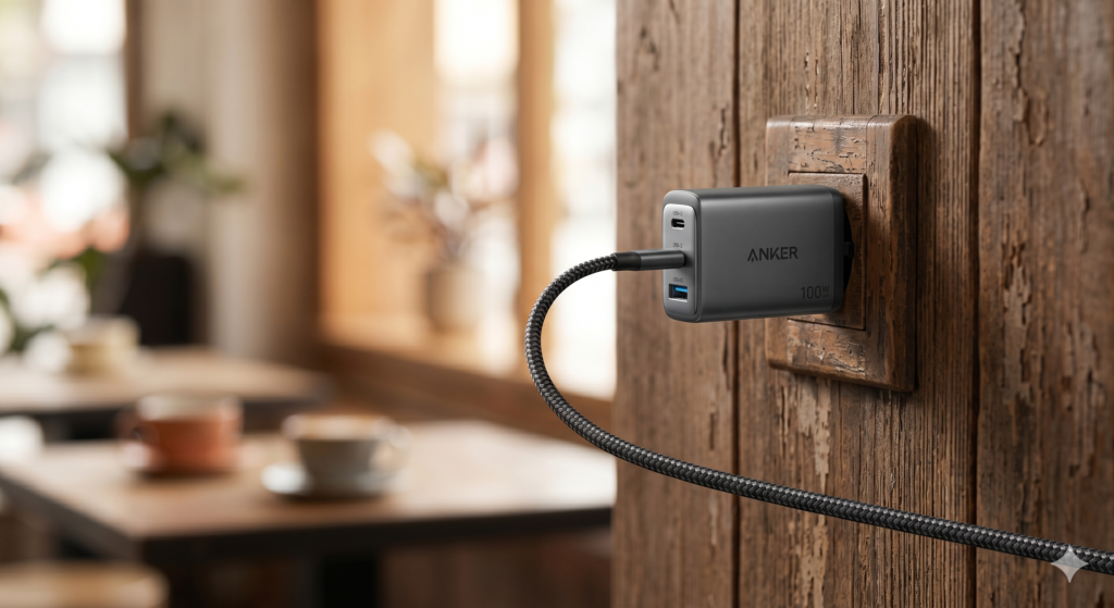 The Anker Prime 100W plugged into a wall, representing the best GaN charger for digital nomads.