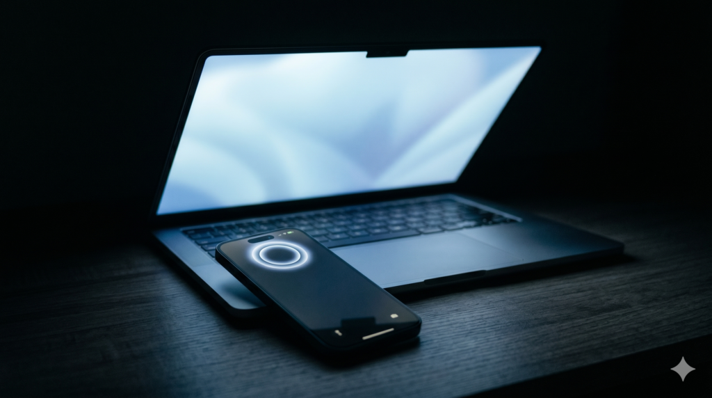 WWDC 2026 iOS 27 features for digital nomads — iPhone showing Dynamic Island glow beside MacBook on dark desk surface
