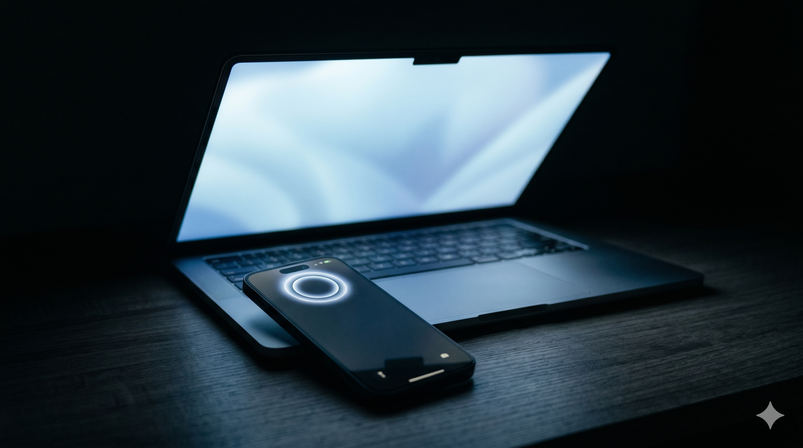 WWDC 2026 iOS 27 features for digital nomads — iPhone showing Dynamic Island glow beside MacBook on dark desk surface