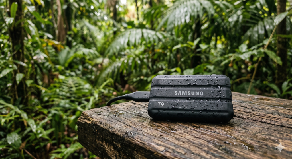 Best rugged SSD for humid climate travel — Samsung T9 NVMe portable drive with water-resistant enclosure outdoors