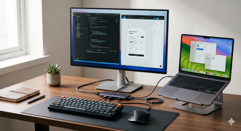 Best USB-C hub for digital nomads — UGREEN Revodok 7-in-1 connecting MacBook to monitor and peripherals