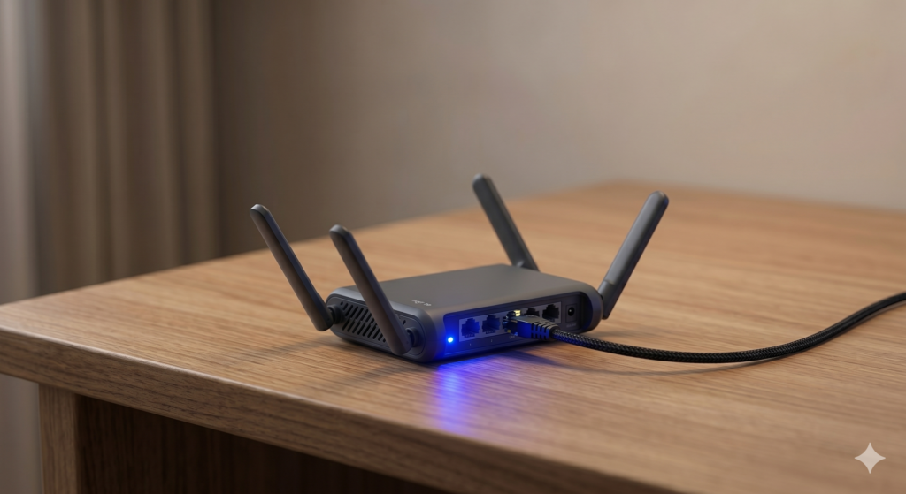 The GL.iNet Slate AX travel router sitting on a desk, representing the best travel router for digital nomads.